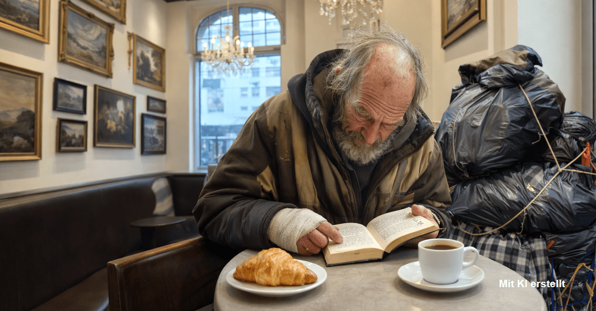 Begegnung mit einem Obdachlosen im Café, der ein kleines Buch liest, neben ihm ein Trolley und auf dem Tisch eine Tasse Kaffee und ein Hörnchen, ruhige Beobachtung einer stillen menschlichen Geste
