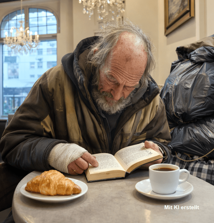 Nahaufnahme des Obdachlosen beim Lesen, rechte Hand verbunden, er nimmt einen kleinen Bissen vom Hörnchen, ruhige Atmosphäre im Café, Moment der Achtsamkeit und Mitmenschlichkeit