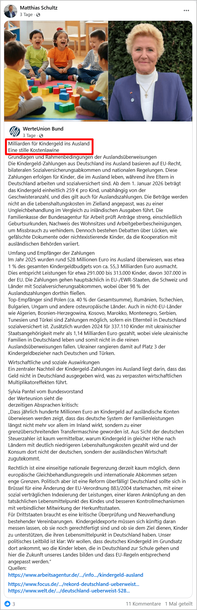 Facebook‑Dialog mit Matthias Schultz (Werteunion) zur irreführenden Schlagzeile ‚Milliarden für Kindergeld ins Ausland‘ und der nachträglichen Kumulierungsbehauptung