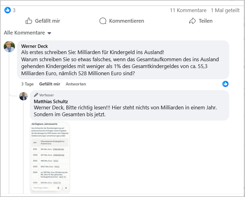 Facebook‑Dialog mit Matthias Schultz (Werteunion) zur irreführenden Schlagzeile ‚Milliarden für Kindergeld ins Ausland‘ und der nachträglichen Kumulierungsbehauptung