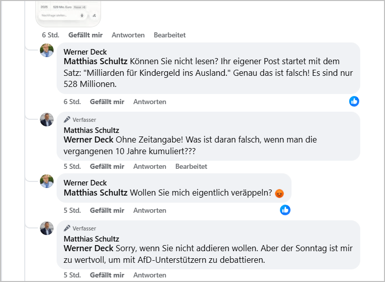Facebook‑Dialog mit Matthias Schultz (Werteunion) zur irreführenden Schlagzeile ‚Milliarden für Kindergeld ins Ausland‘ und der nachträglichen Kumulierungsbehauptung