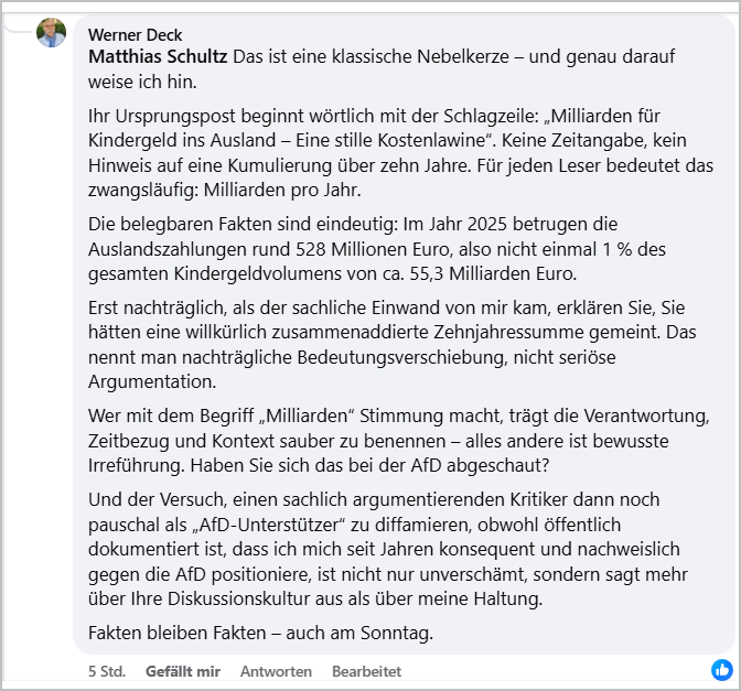 Facebook‑Dialog mit Matthias Schultz (Werteunion) zur irreführenden Schlagzeile ‚Milliarden für Kindergeld ins Ausland‘ und der nachträglichen Kumulierungsbehauptung