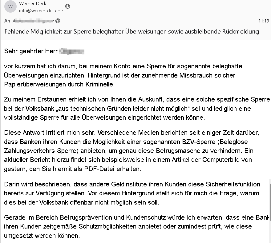 E-Mail an Volksbank pur wegen der Belegsperrung