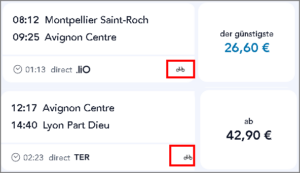 Screenshot der SNCF Connect App zur Fahrradmitnahme Bahn Frankreich. Zuverbindung über Avignon