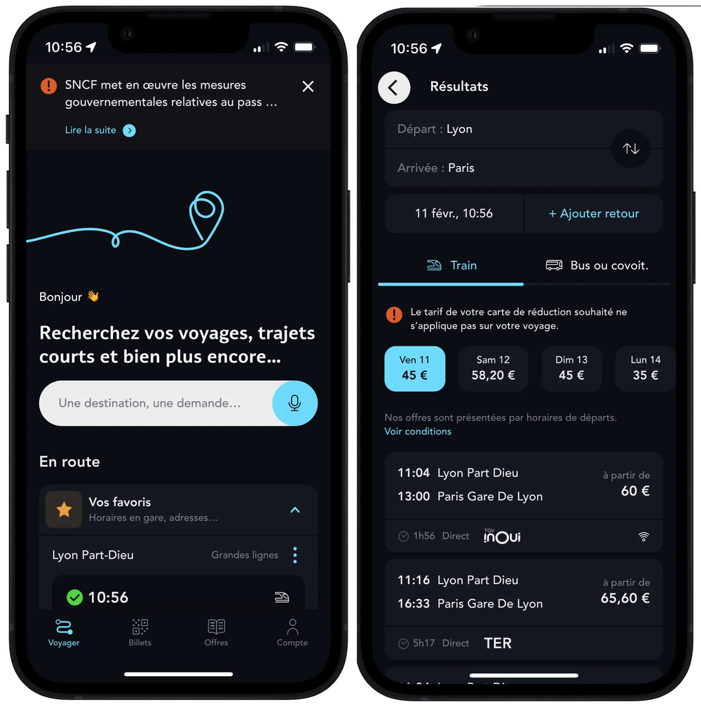 Screenshot der SNCF Connect App zur Fahrradmitnahme Bahn Frankreich. Die unübersichtliche SNFC-App