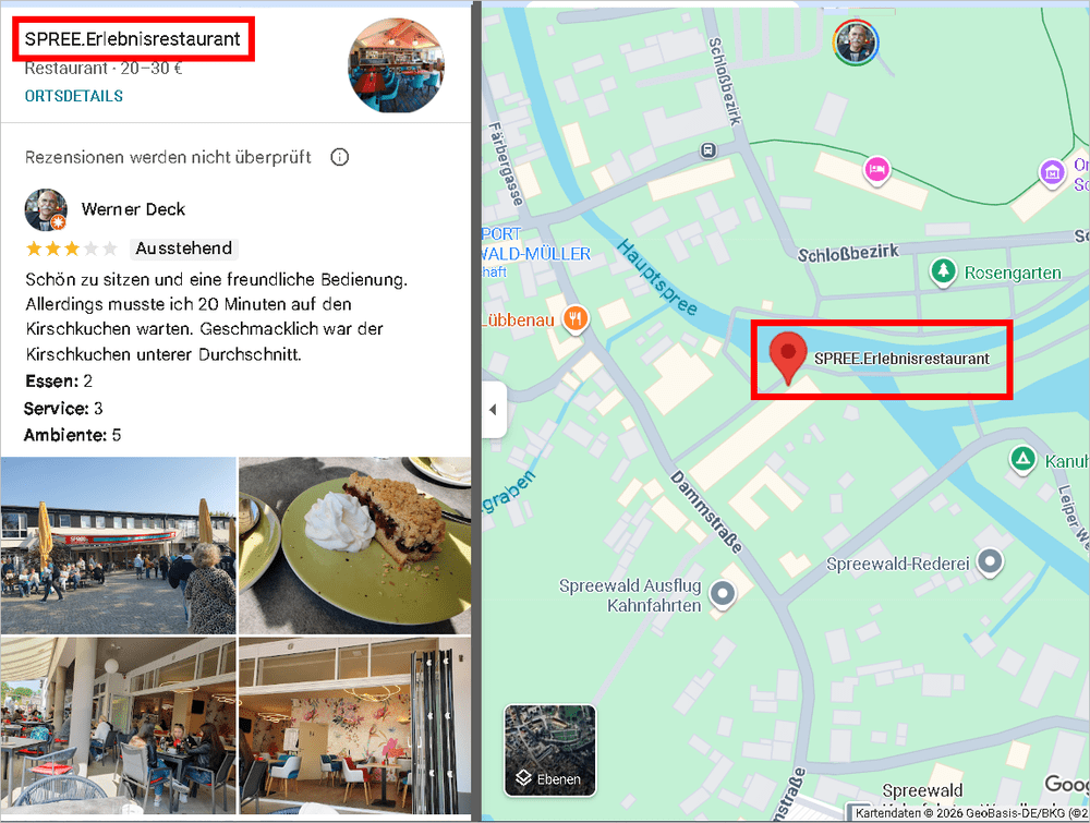 Google Bewertung SPREE Erlebnisrestaurant Lübbenau Kritik Kirschkuchen