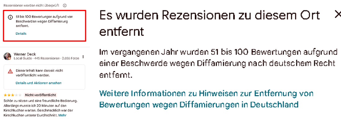 Google zeigt inzwischen an, wie viele Bewertungen entfernt wurden – allerdings nur in groben Kategorien wie „51 bis 100“