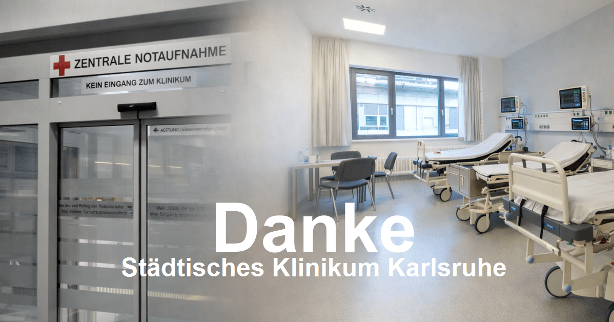 Eingang zur zentralen Notaufnahme und Patientenzimmer im Städtischen Klinikum Karlsruhe