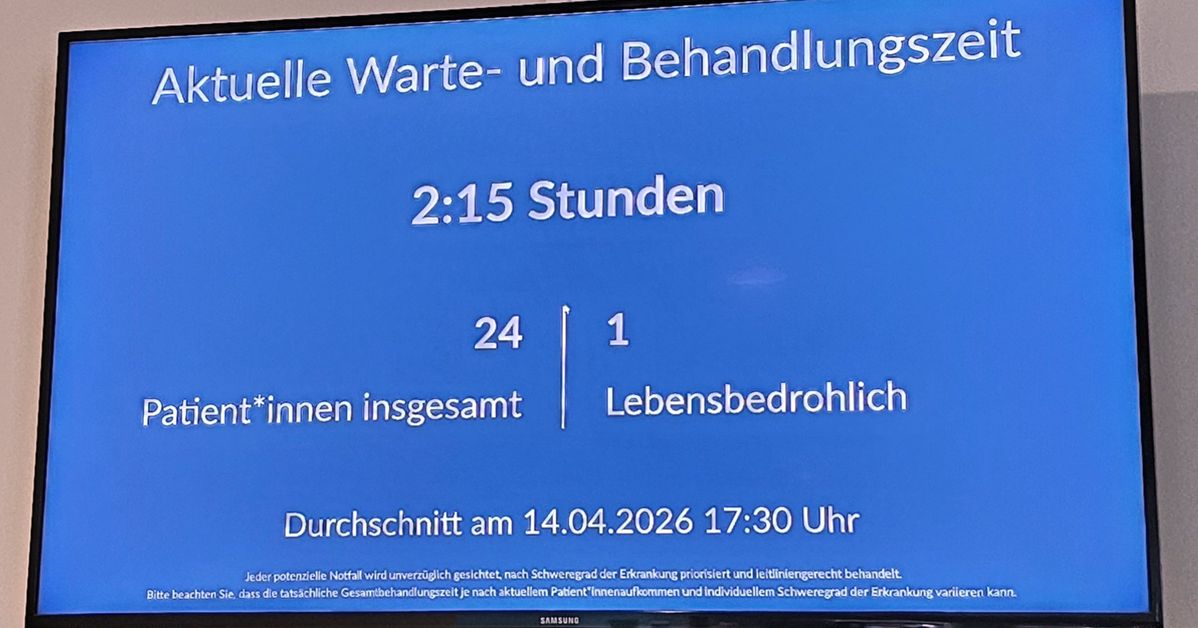 Monitor in der Notaufnahme mit 2 Stunden 15 Minuten Wartezeit und Patientenübersicht