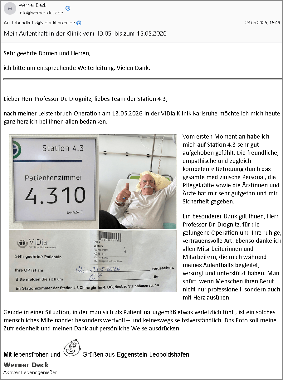 Dankschreiben an Professor Dr. Drognitz und das Team der Station 4.3 der ViDia Klinik Karlsruhe nach erfolgreicher Leistenbruch-Operation im Mai 2026
