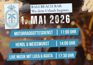 Motorradfahrer und Maschinen beim Gottesdienst in Linkenheim am Baggersee