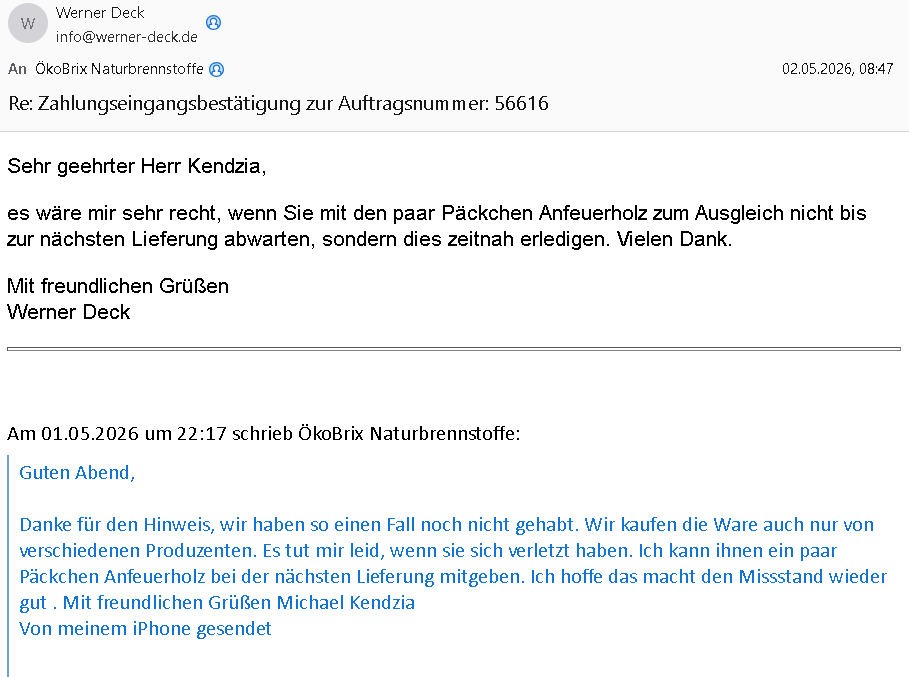 Nachfrage zur zeitnahen Wiedergutmachung nach Verletzung durch Brennholzpalette