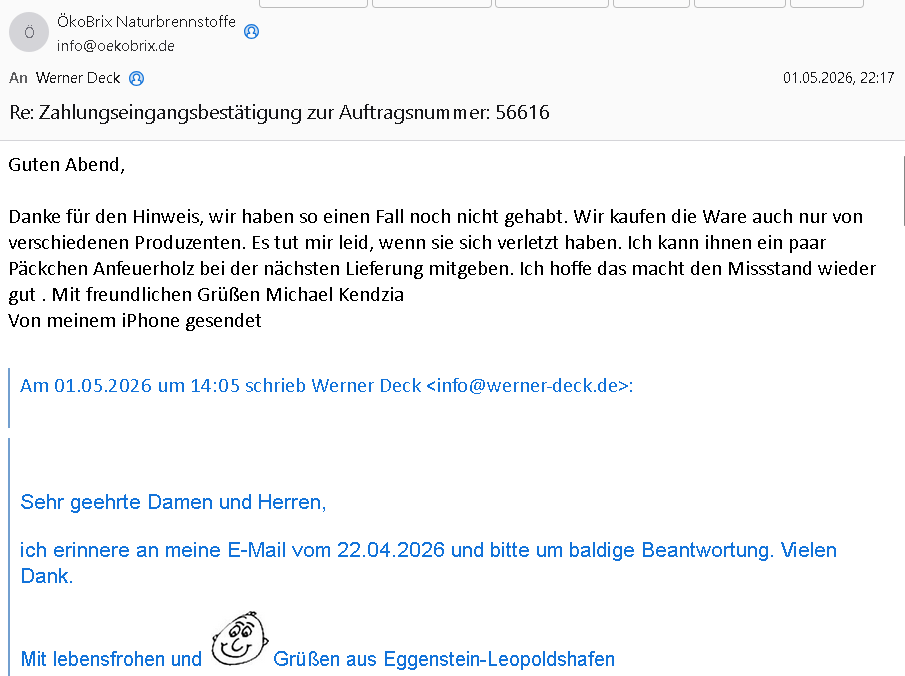 E-Mail-Antwort von ÖkoBrix mit Angebot von Anfeuerholz als Wiedergutmachung