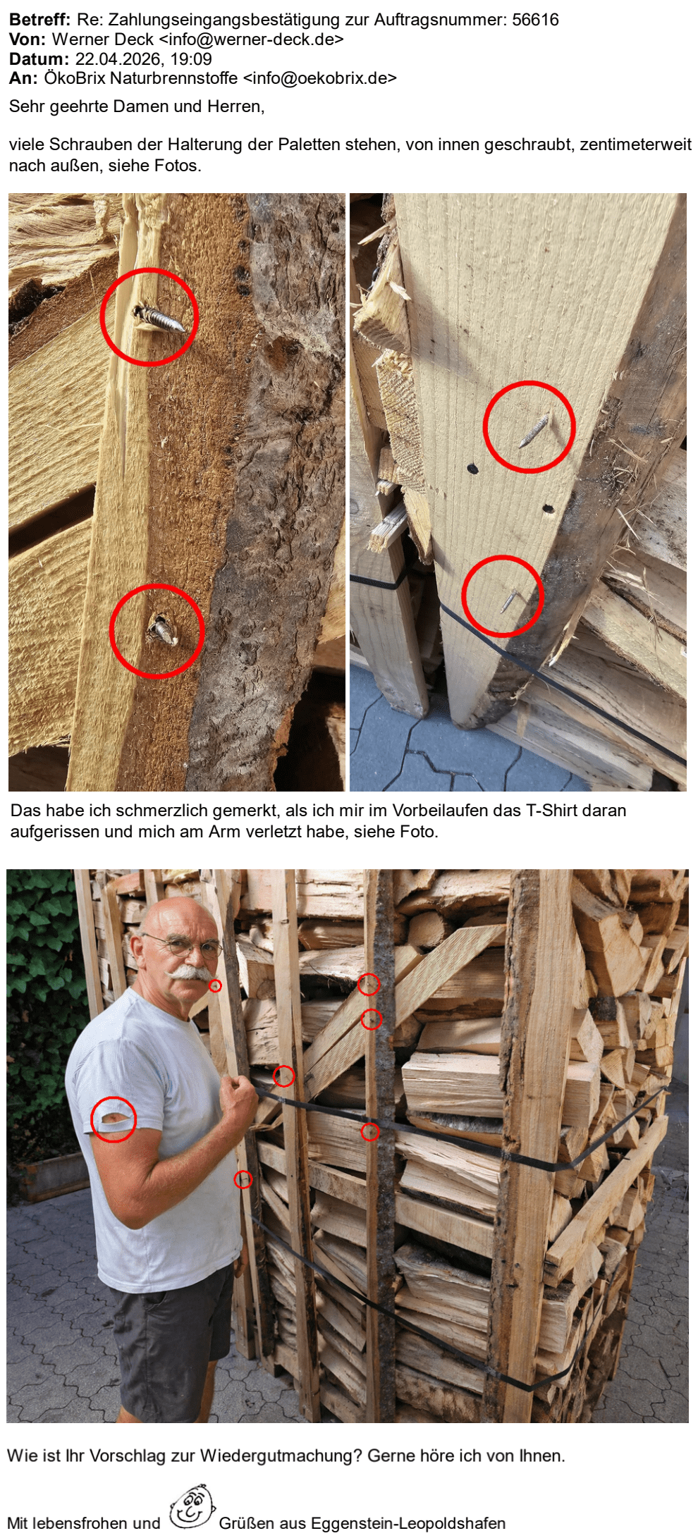 Verletzung am Arm durch herausstehende Schrauben an einer Brennholzpalette von ÖkoBrix