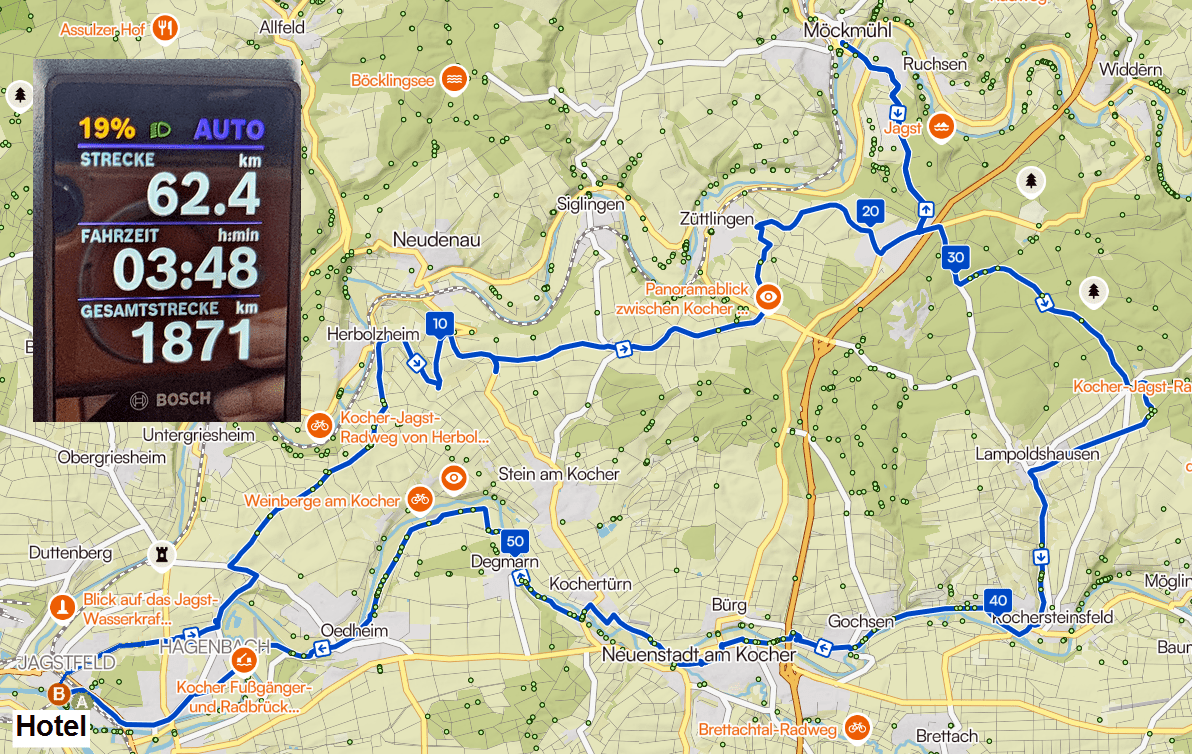 Radtour mit Peter, Strecke am ersten Tag
