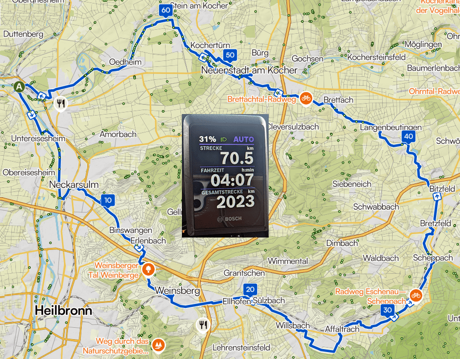 Radtour mit Peter auf der Vier-Täler-Tour im Heilbronner Land, heutige Route. 