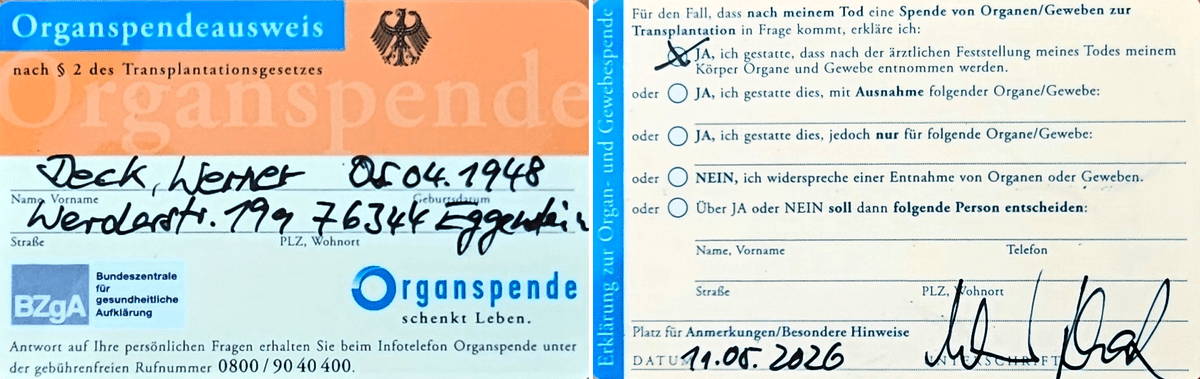Ausgefüllter Organspendeausweis mit dokumentierter Spendebereitschaft im Scheckkartenformat.