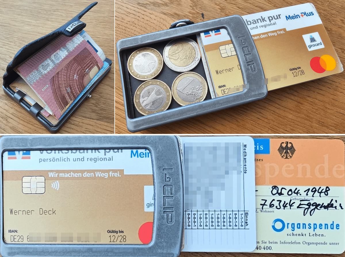 Organspendeausweis und Medikationsliste im Clip Geldbeutel