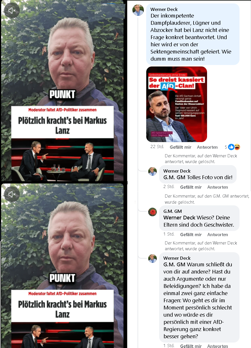 Zwei Facebook-Diskussionen unter AfD-Beiträgen: Persönliche Beleidigungen statt konkreter Antworten auf zwei einfache Fragen.