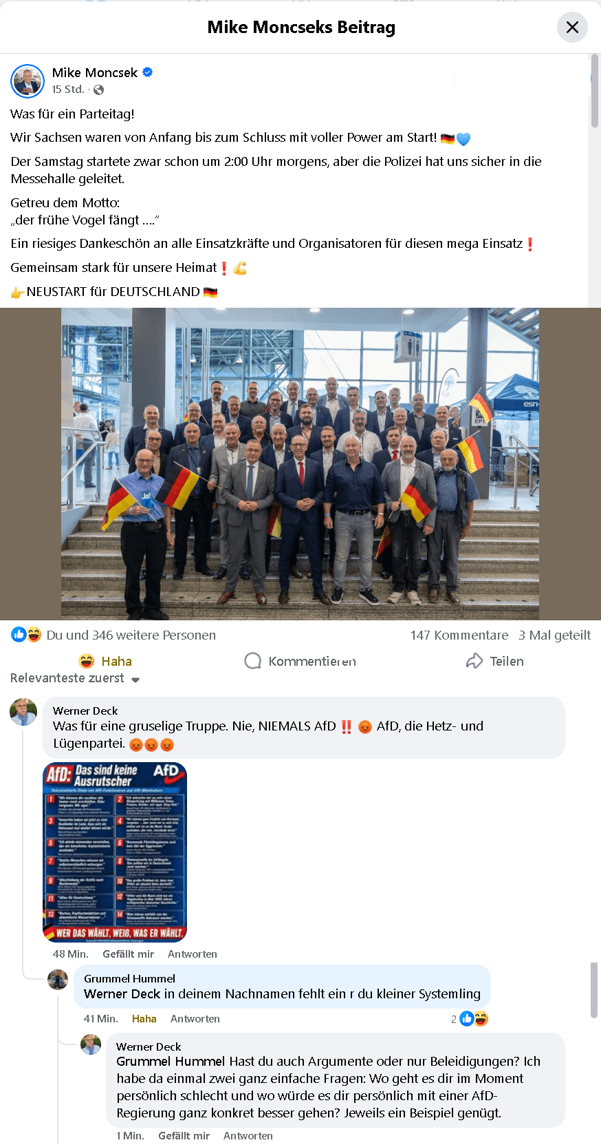 Zwei Facebook-Diskussionen unter AfD-Beiträgen: Persönliche Beleidigungen statt konkreter Antworten auf zwei einfache Fragen.