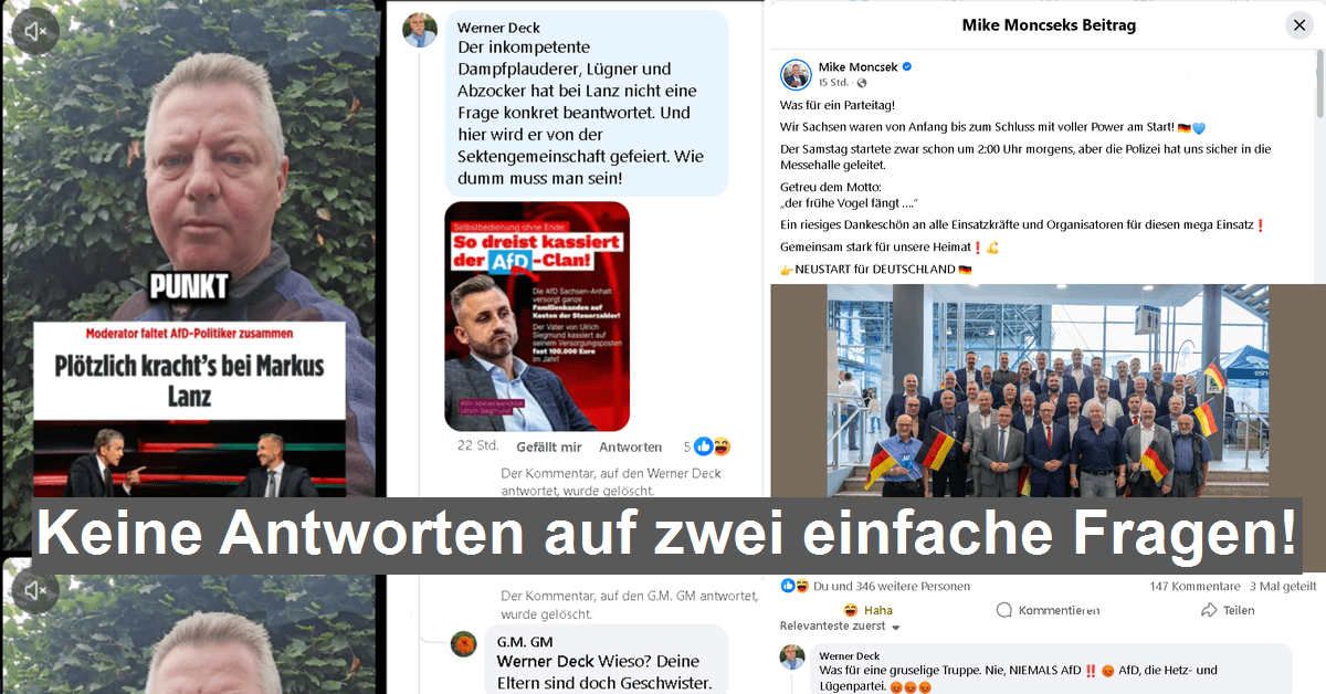 Zwei Facebook-Diskussionen unter AfD-Beiträgen: Persönliche Beleidigungen statt konkreter Antworten auf zwei einfache Fragen