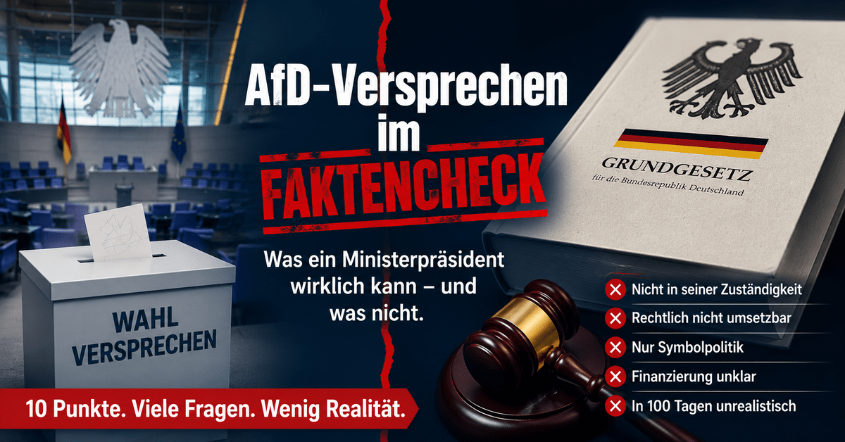 Titelgrafik zum Faktencheck von Ulrich Siegmunds 10-Punkte-Plan mit Bundestag, Wahlurne und Grundgesetz.