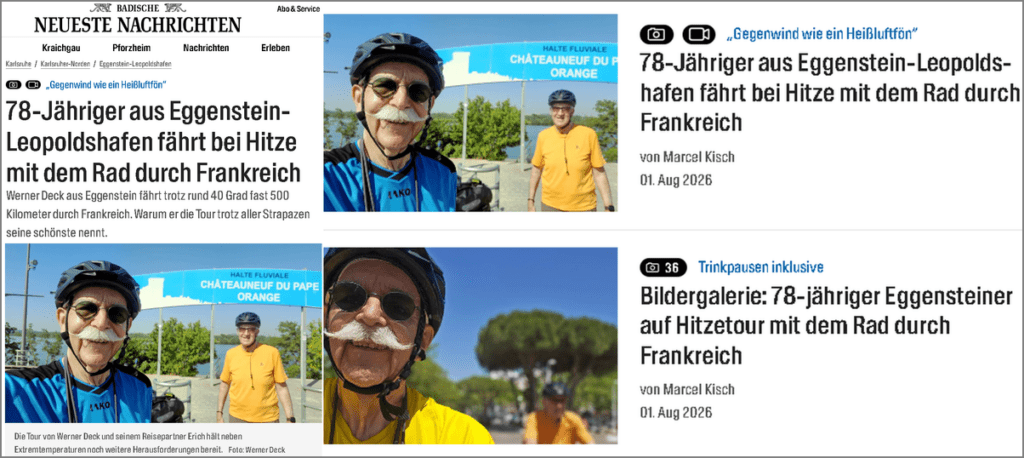 Aus den BNN: 78-Jähriger aus Eggenstein-Leopoldshafen fährt bei Hitze mit dem Rad durch Frankreich