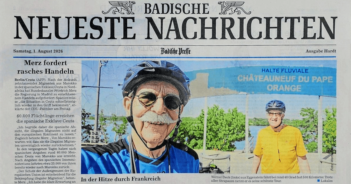 BNN-Artikel: Als Eggensteiner mit 78 Jahren in der größten Hitze 481 km von Lyon nach Montpellier geradelt