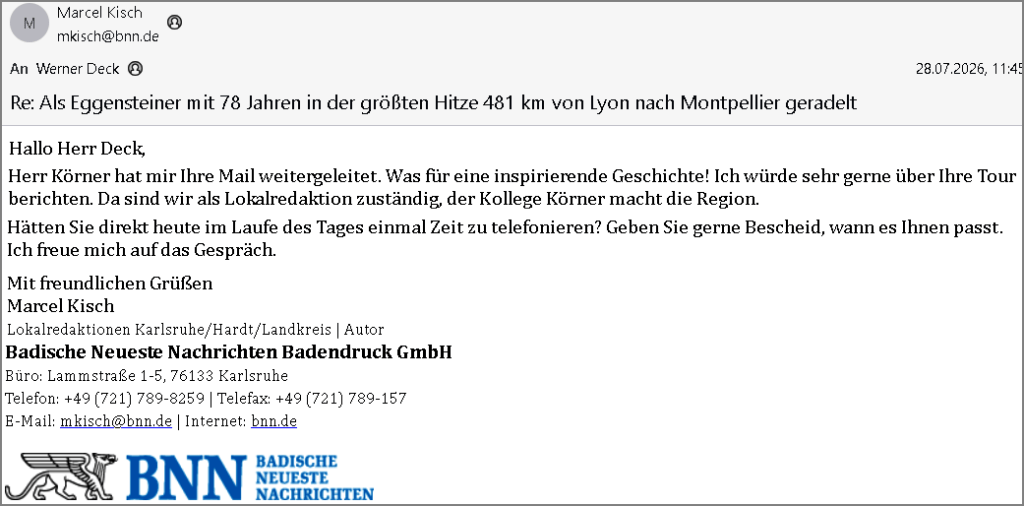 Redakteur Marcel Kisch - Als Eggensteiner mit 78 Jahren in der größten Hitze 481 km von Lyon nach Montpellier geradelt