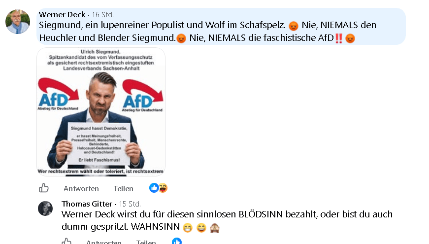 Pöbeln und Beleidigen von AfD-Sektenmitgliedern