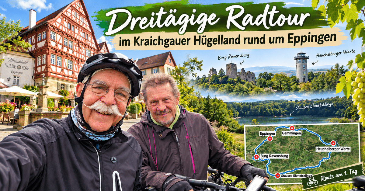 Werner und Peter mit Fahrrädern vor dem Altstadthotel Wilde Rose in Eppingen zur dreitägigen Radtour im Kraichgau
