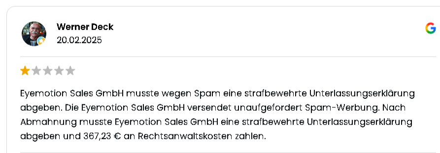 1-Sterne-Bewertung von Werner Deck zu Eyemotion Sales bei Trustpilot