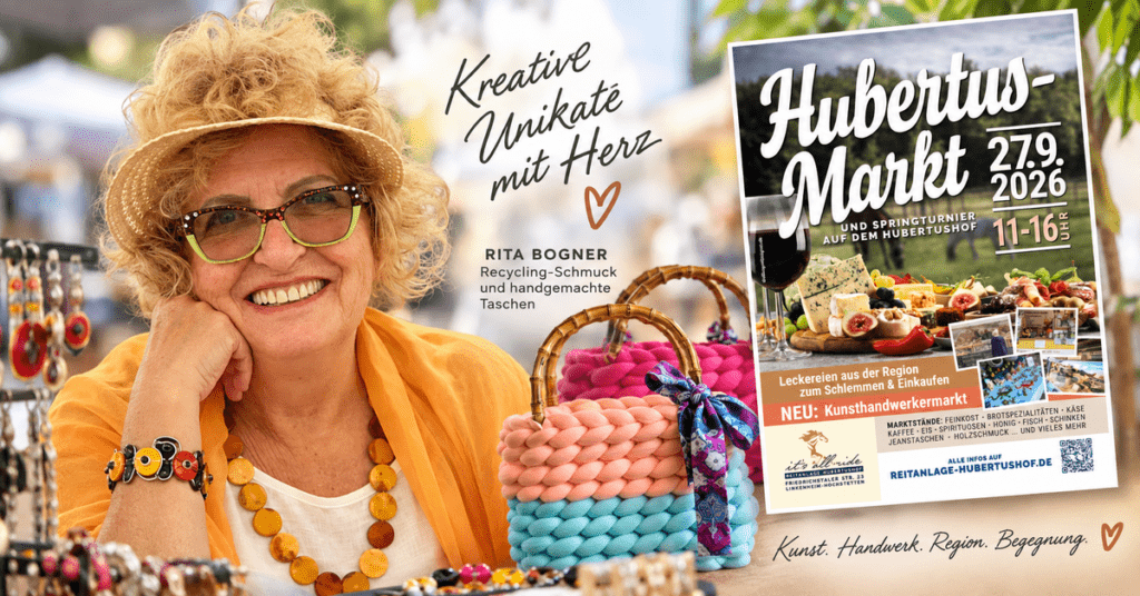 Rita Bogner mit Recycling-Schmuck und handgemachten Grobstrick-Taschen beim Hubertus-Markt 2026